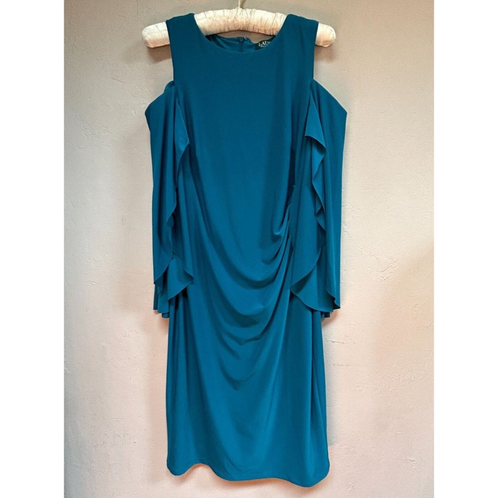 Lauren Ralph Lauren Womens Cold Shoulder Sexy Cocktail Sheath Dress Size 6 Teal